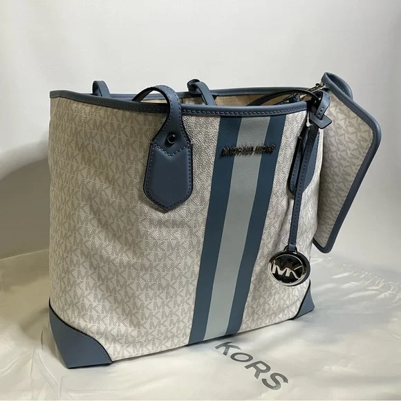 Michael Kors EVA Large Logo Stripe Tote Bag & Pouch MSRP $298